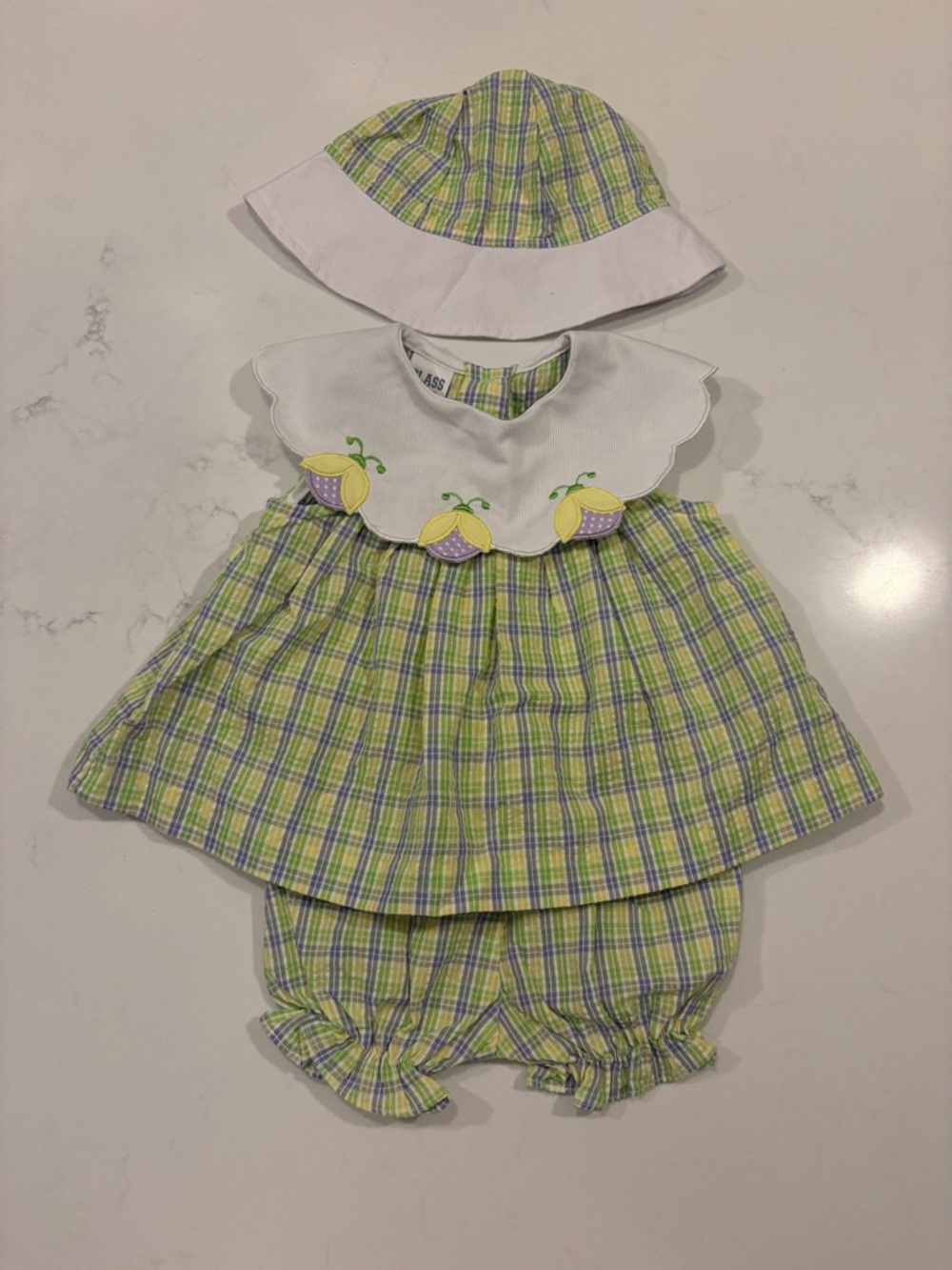 Class Club White Dress with Yellow Lemon Appliqués and Green Plaid Trim